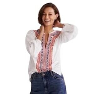 BODEN Embroidered Long-Sleeve Top, 100% Cotton Split V-Neck Peasant Top, Size 12